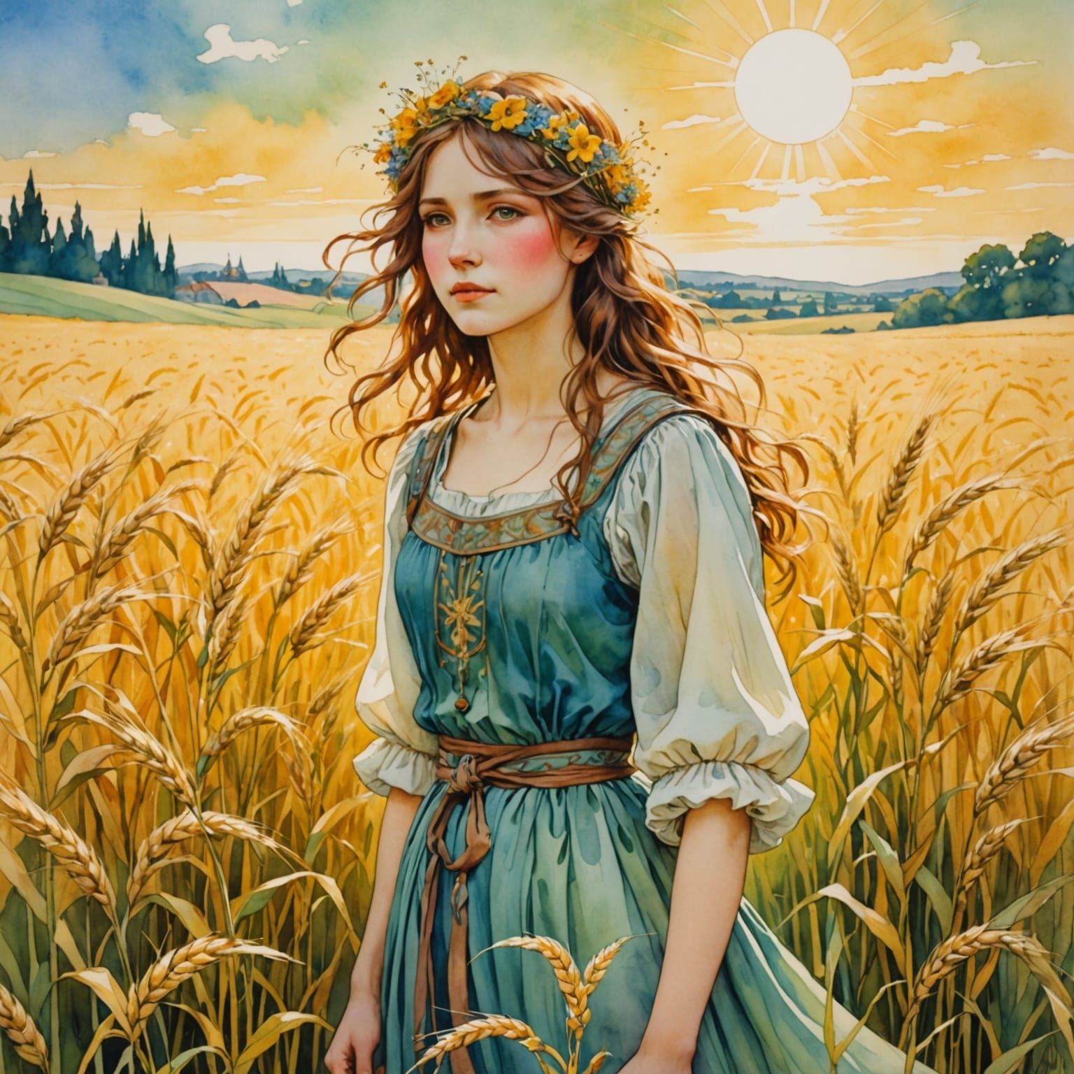 Luminous Watercolor Wheat Field with Manga Influence