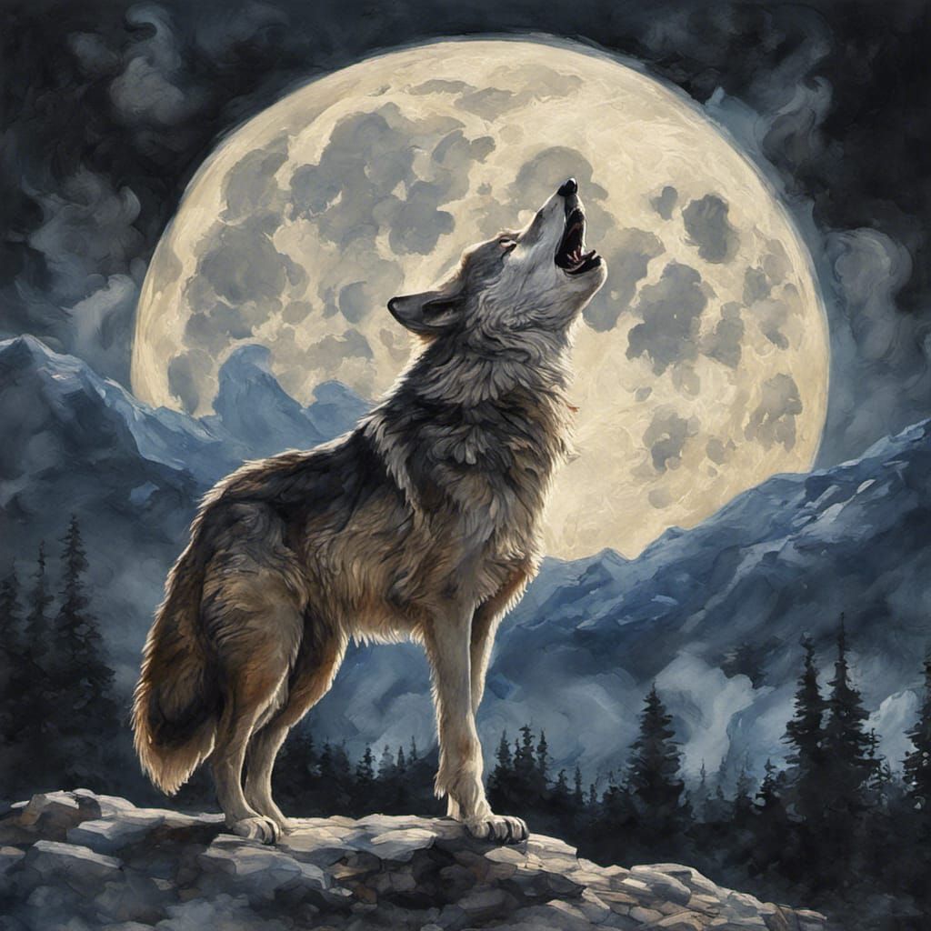 Wolf Howling at Moon in Gouache Style
