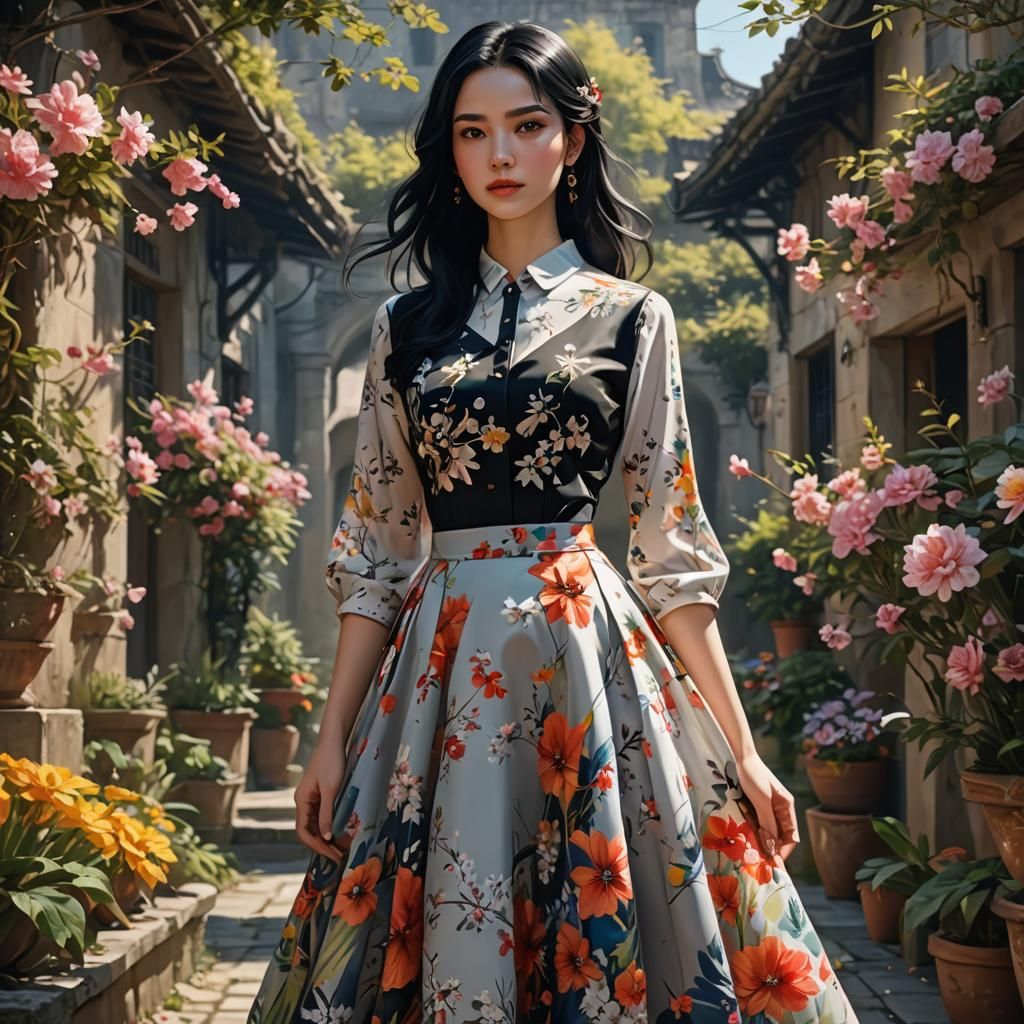 Girl in Floral Dress: Realistic Detailed Matte Painting
