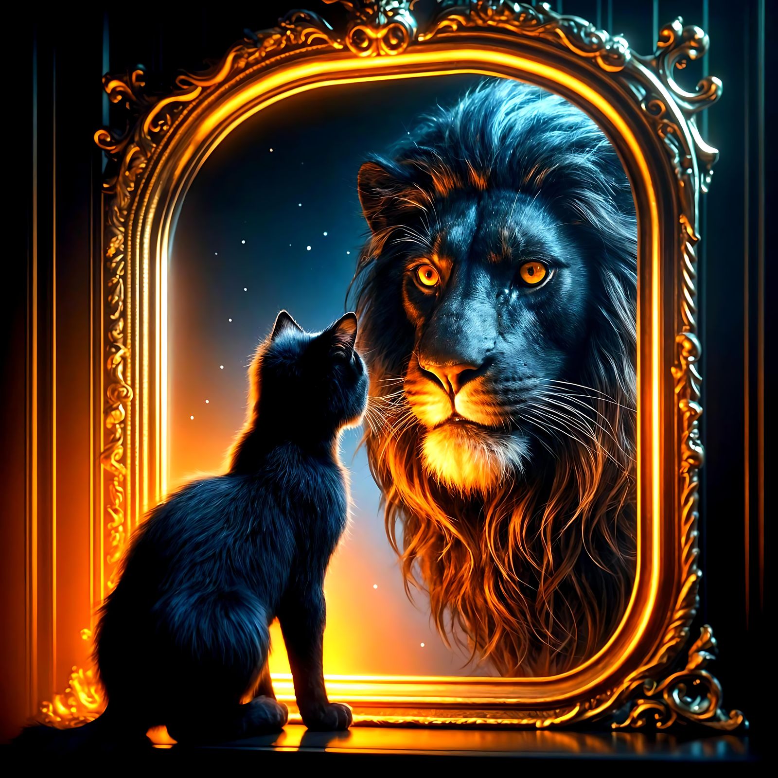 Black Cat and Lion Face-Off in Mirror
