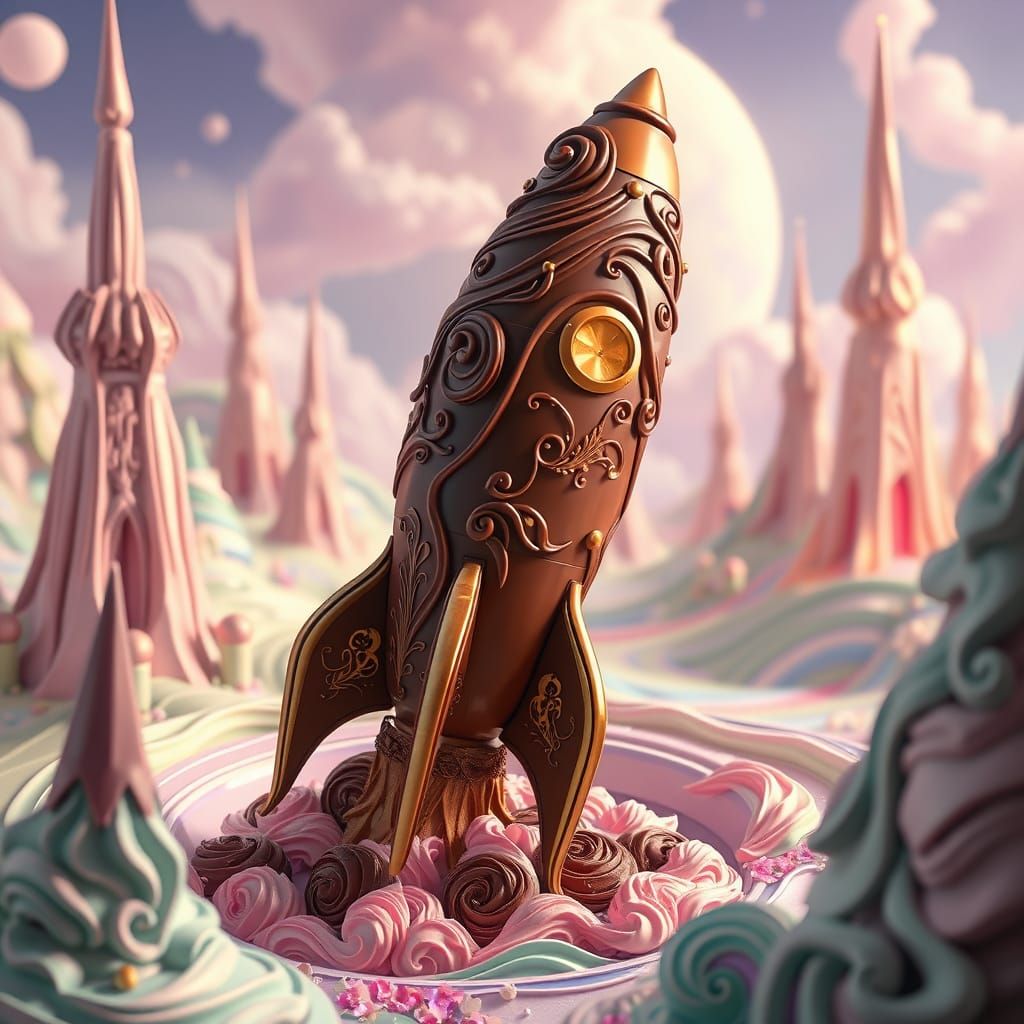 Whimsical Chocolate Rocket Lands in Fantastical Cake World