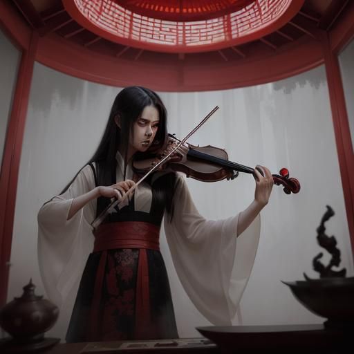 Sinister Chinese Ghost Violinist in Red Pagoda