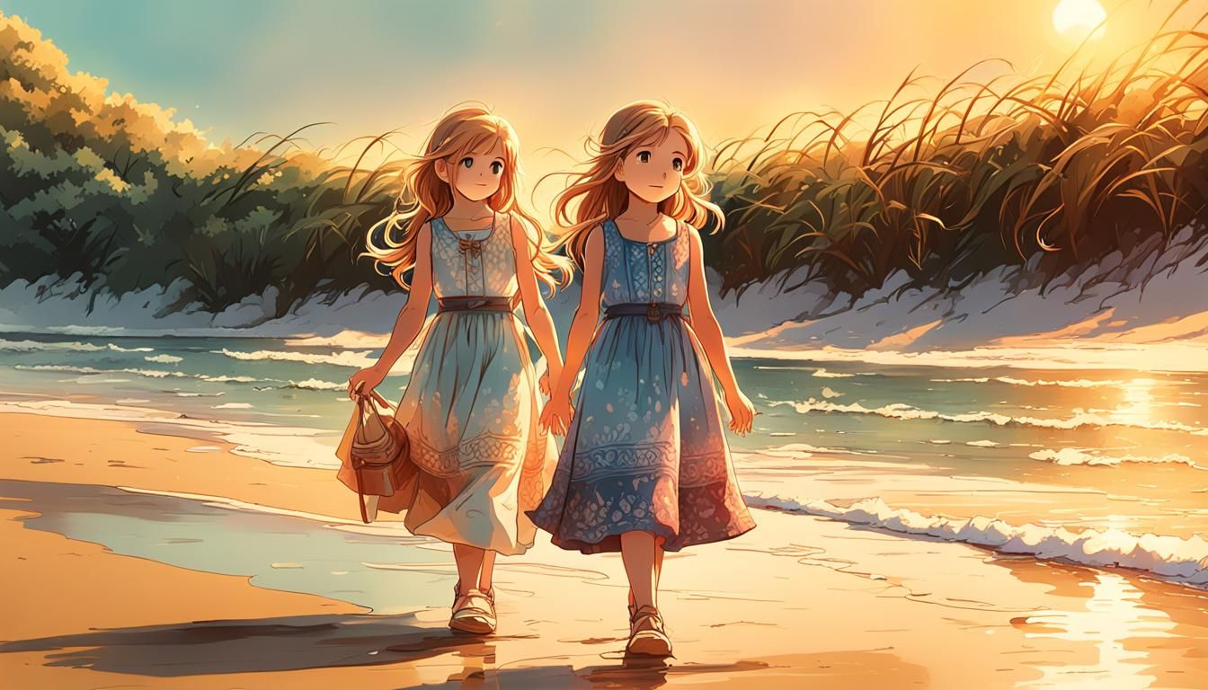 Girl on Beach with Aunts at Sunset, Anime Style