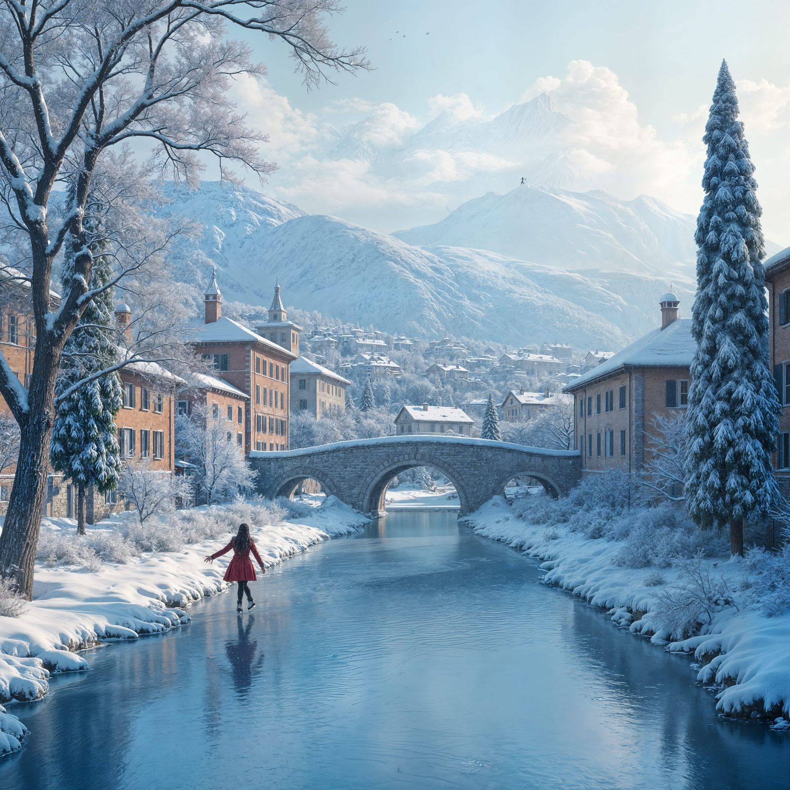 Snowy Italy Landscape with Figure Skating, Detailed Matte Pa...
