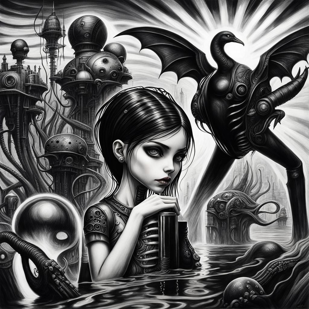 Gothic Cyberpunk Woman in Hyperrealistic Black and White