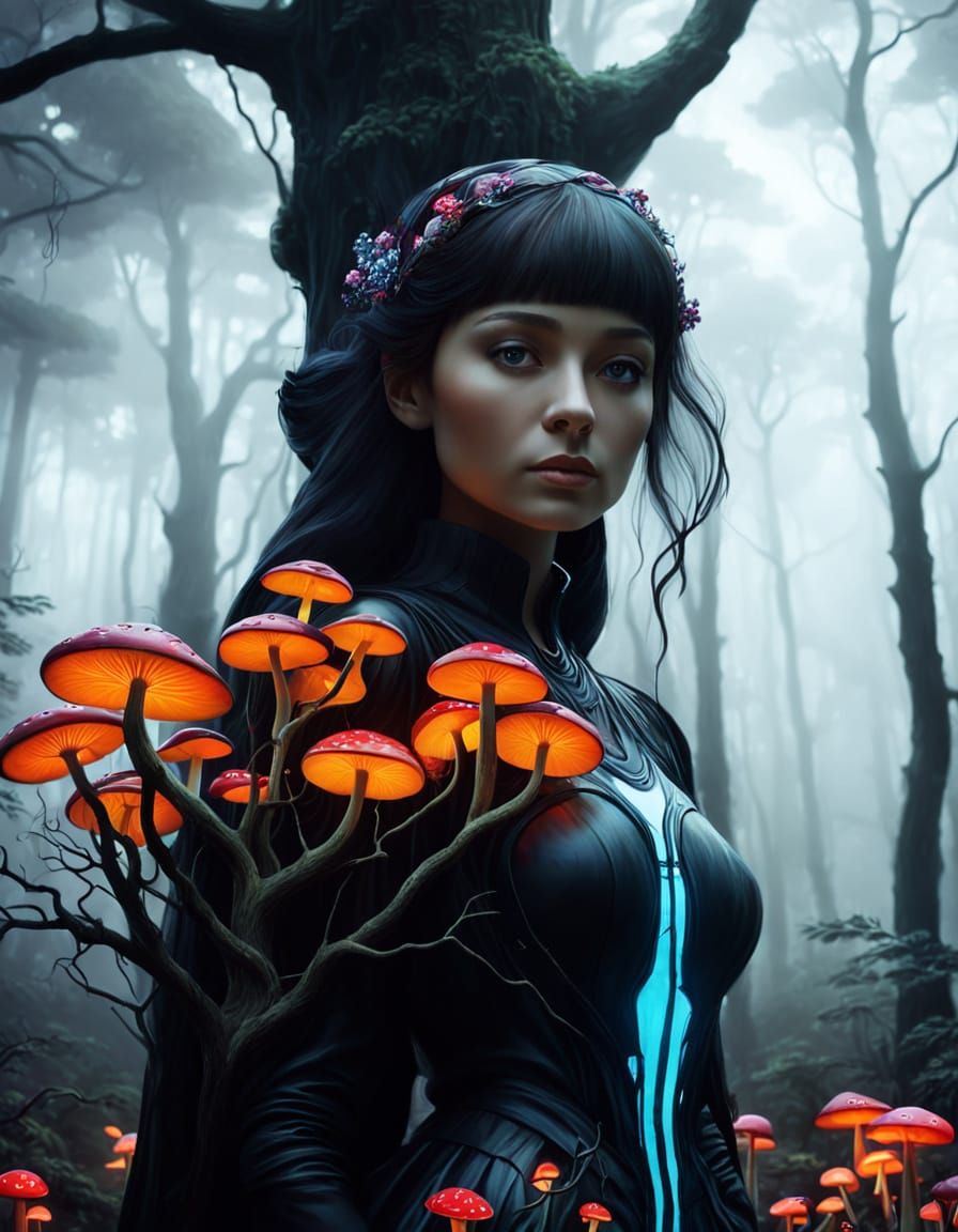 Mystical Woman in Dark Forest, a Surrealist Painting