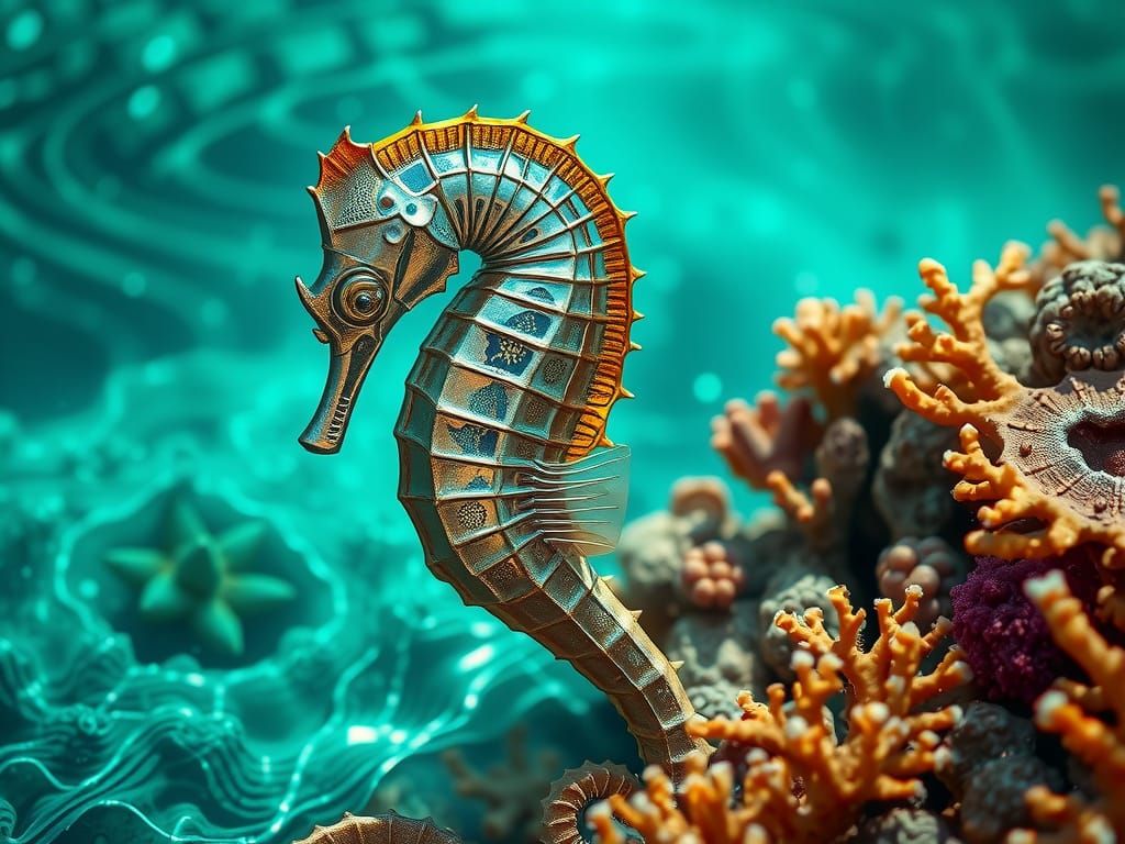 Chrome Seahorse Rises from Turquoise Depths