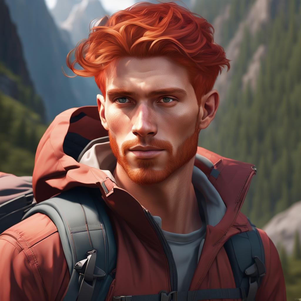 Detailed Portrait of Red-Haired Hiker in Digital Art Style