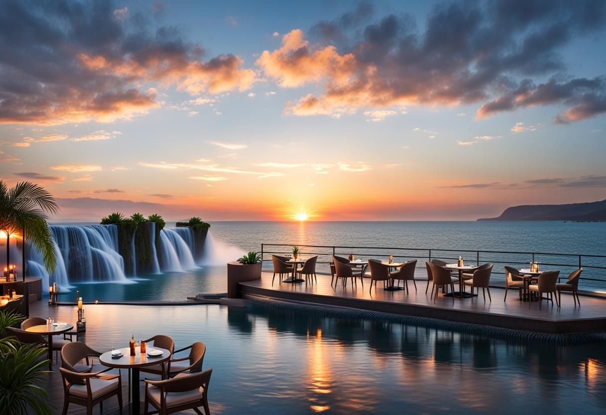 Seaside Cafe Lounge at Sunset with Waterfall