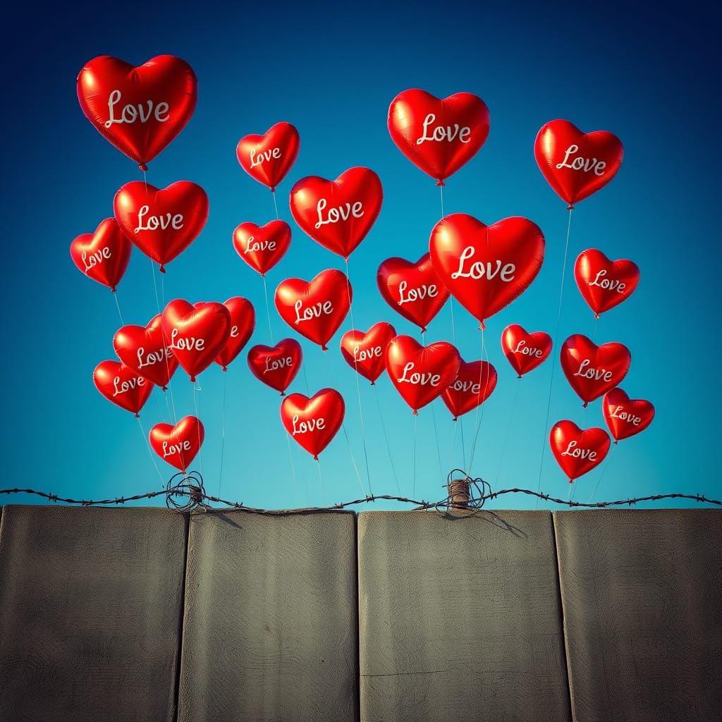 Vibrant Heart-Shaped Balloons in Stark Contrast to Harsh Con...