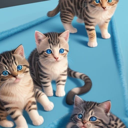 Three Adorable Kittens with Blue Eyes on Blue Rug
