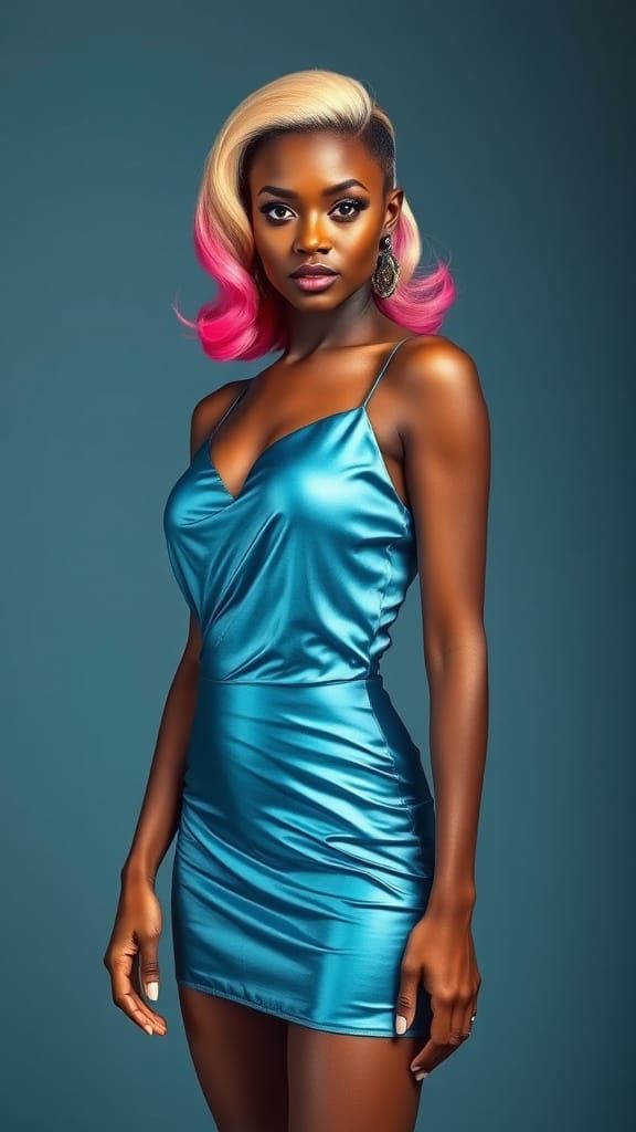 Pin-Up Woman With Elongated Proportions and Pink-Tipped Hair