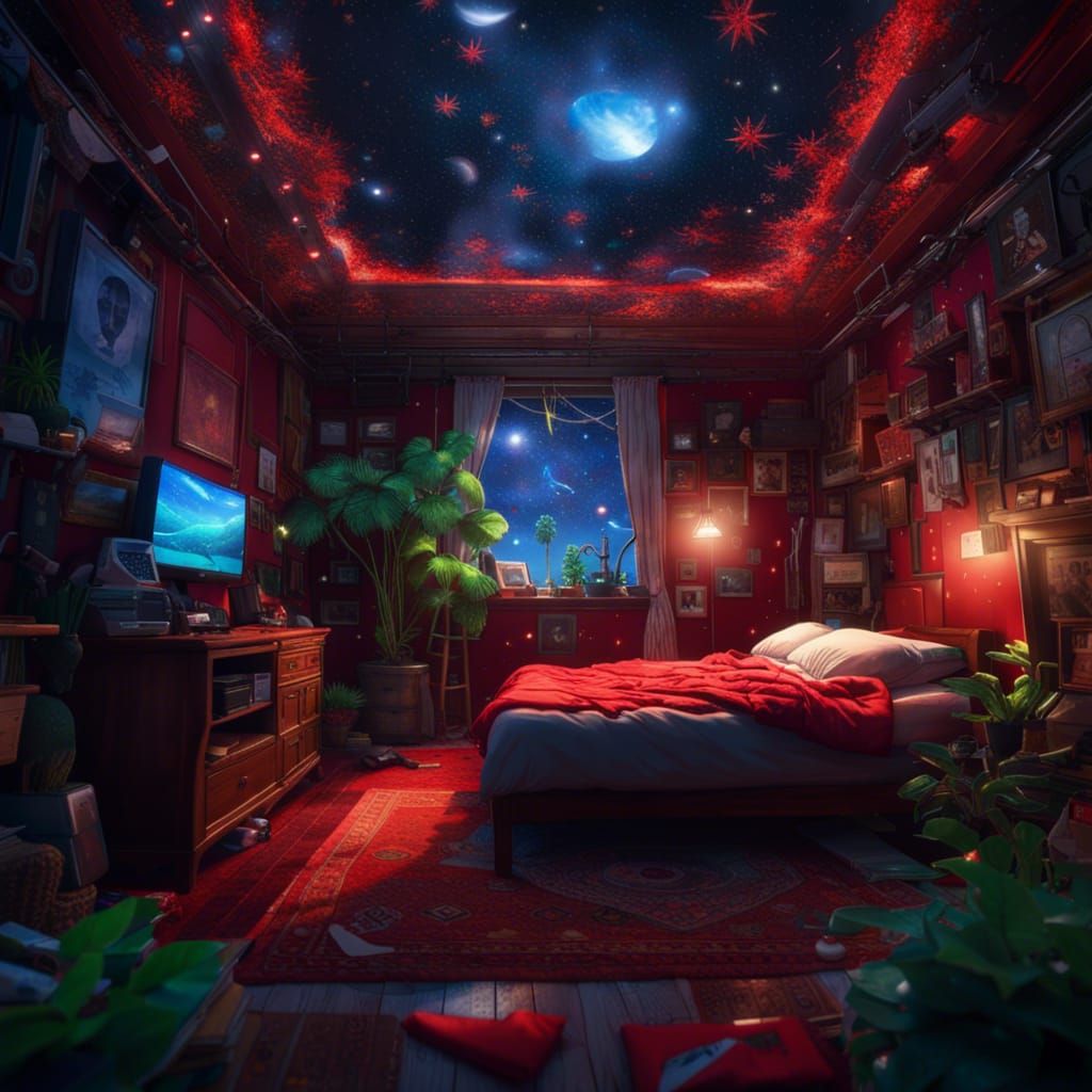 Cozy Bedroom with Glowing Stars, Digital Illustration