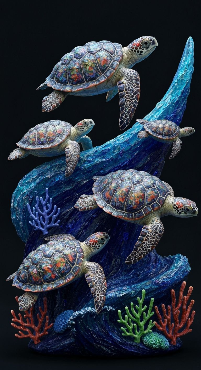 Glass Sea Turtle Sculpture in Textured Ocean Waves