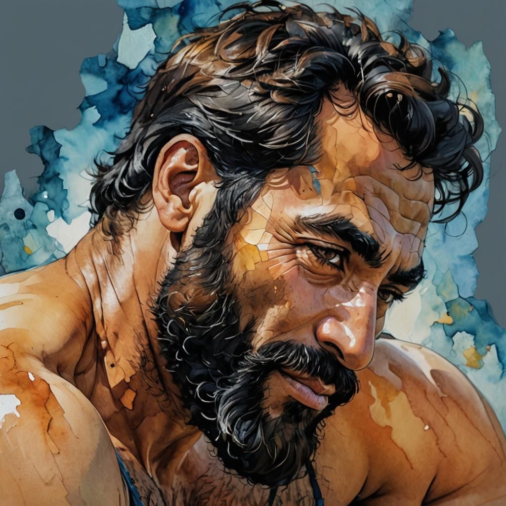 Hirsute Hunk Portrait in Impressionist Alcohol Ink Style