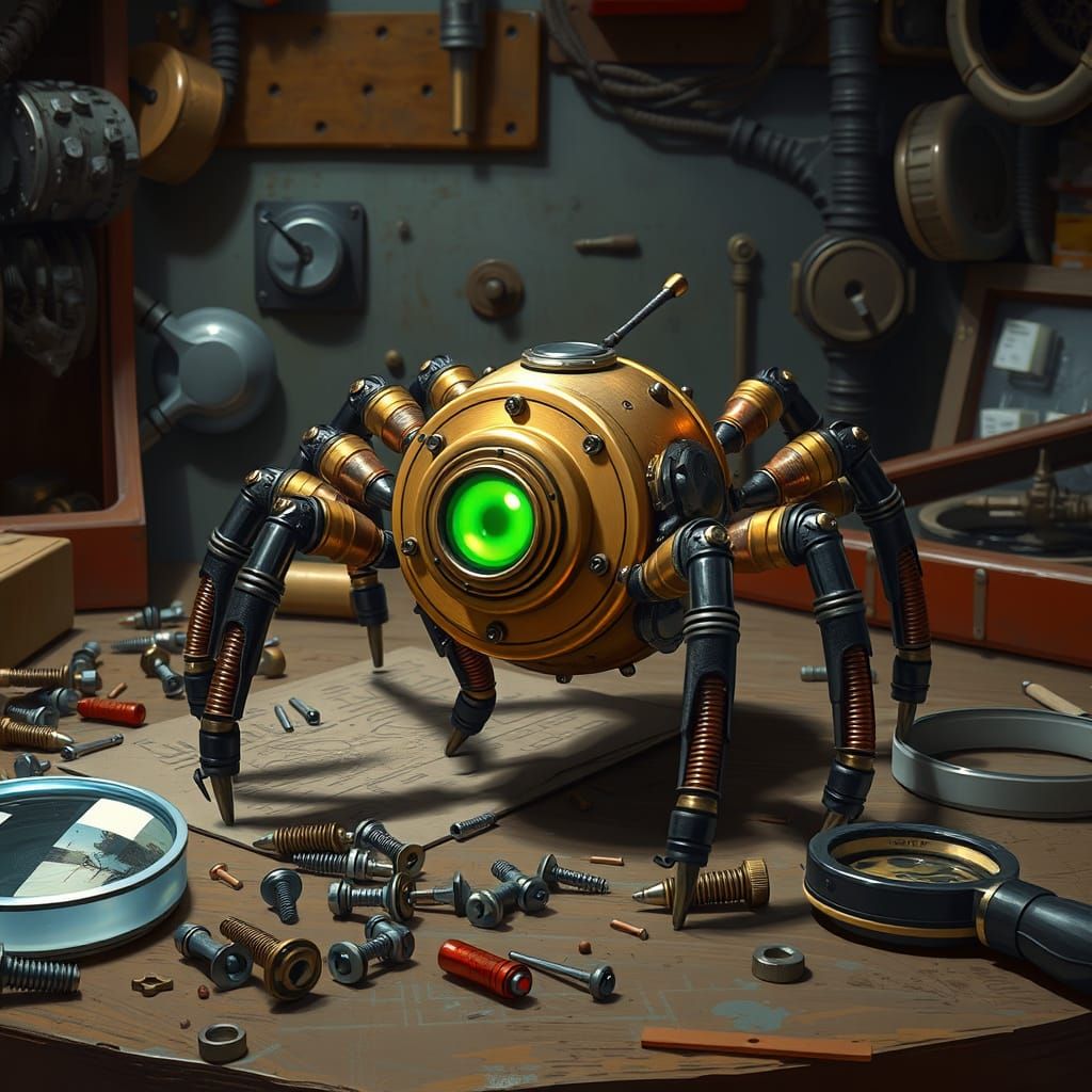 Mechanical Spider Tool on Workbench, Digital Painting