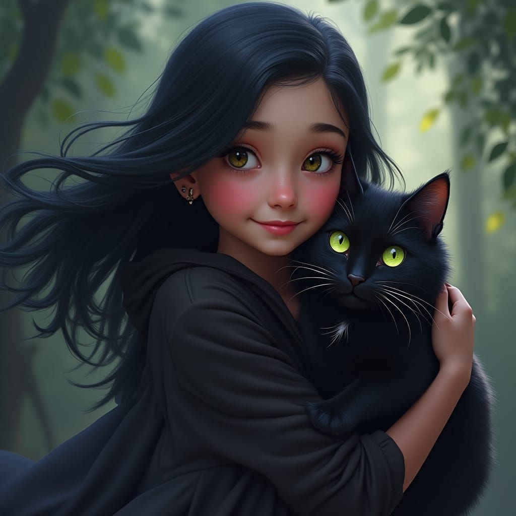 Girl Holding Black Cat With Green Eyes