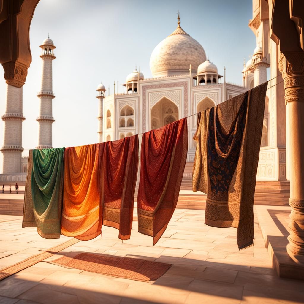 Saris on a Clothesline with Taj Mahal Backdrop