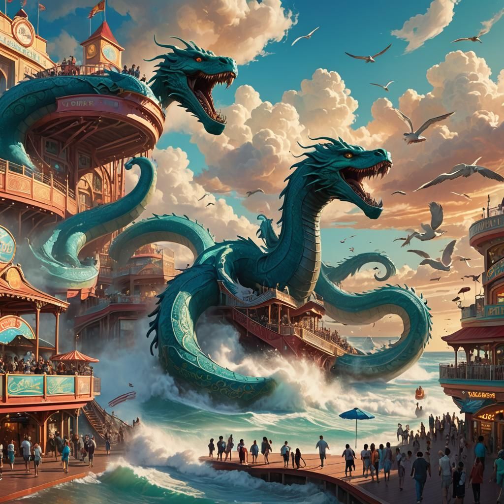Sea Serpent Emerges from Boardwalk: Fantasy Concept Art