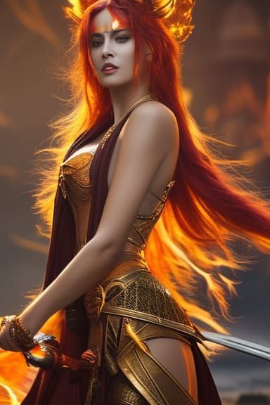 Flaming Fire Goddess in Rococo Renaissance Style