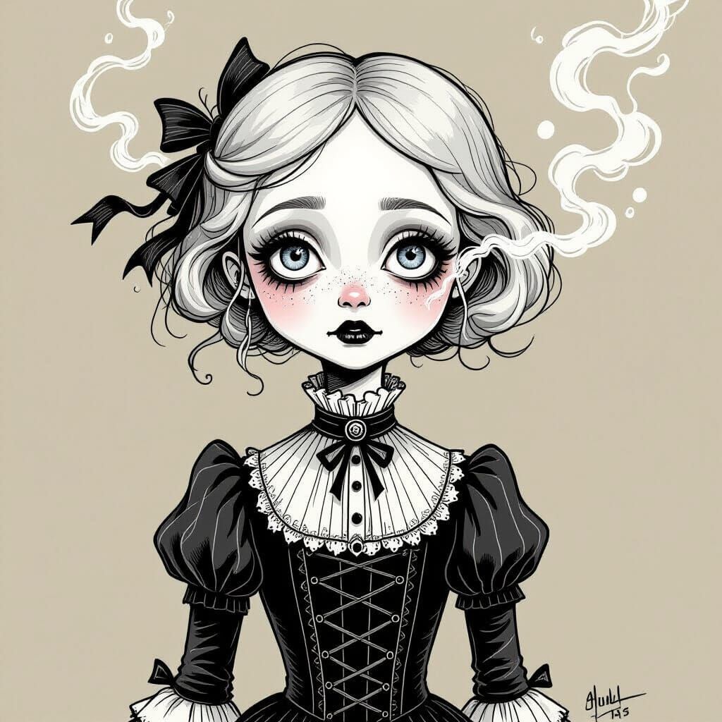 Eerie Girl with Smoking Hair in Burtonesque Style