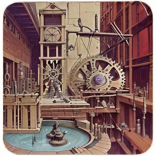 Intricate Rube Goldberg Machine of Stone, Steel and Bronze