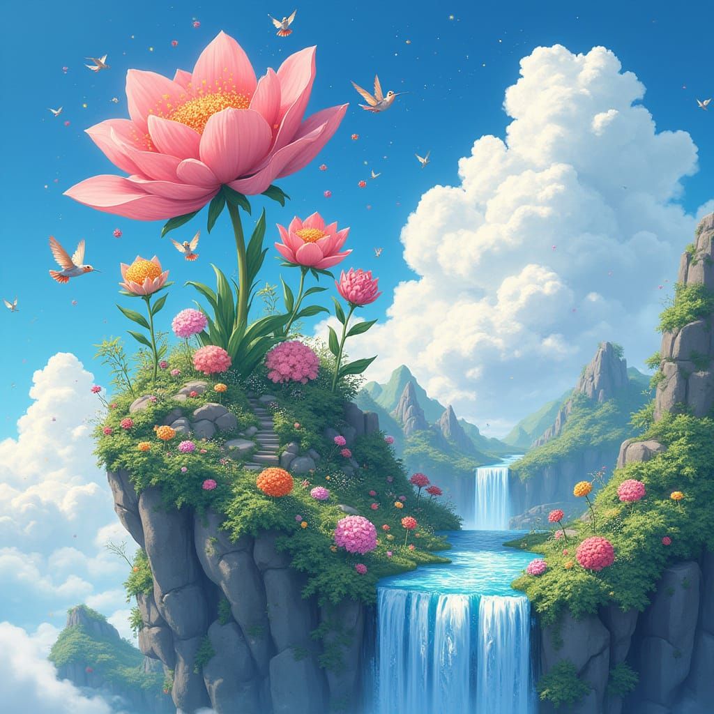 Anime Sky Garden with Fractal Flowers and Stardust