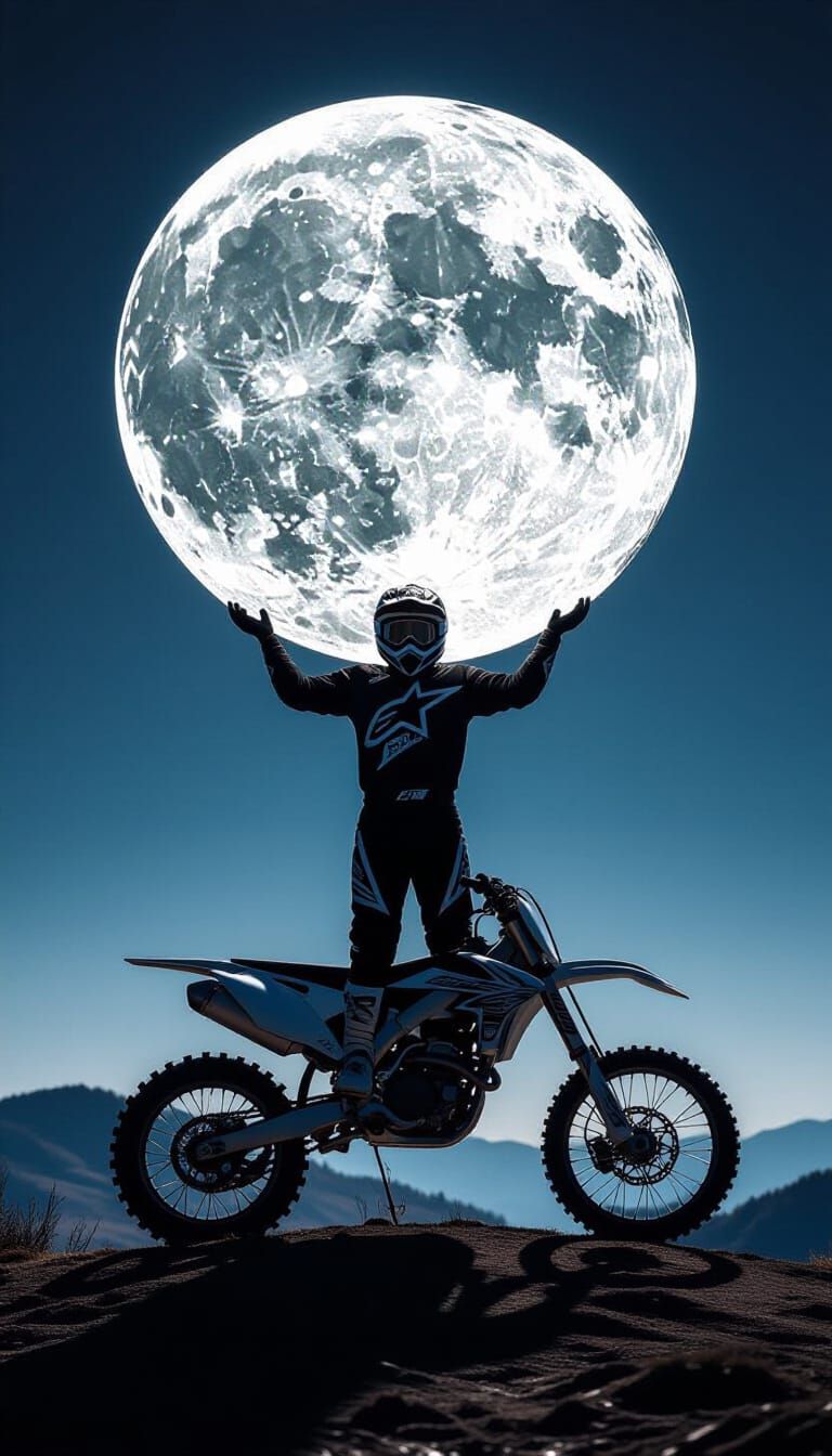 A photograph of a motocross rider holding the moon