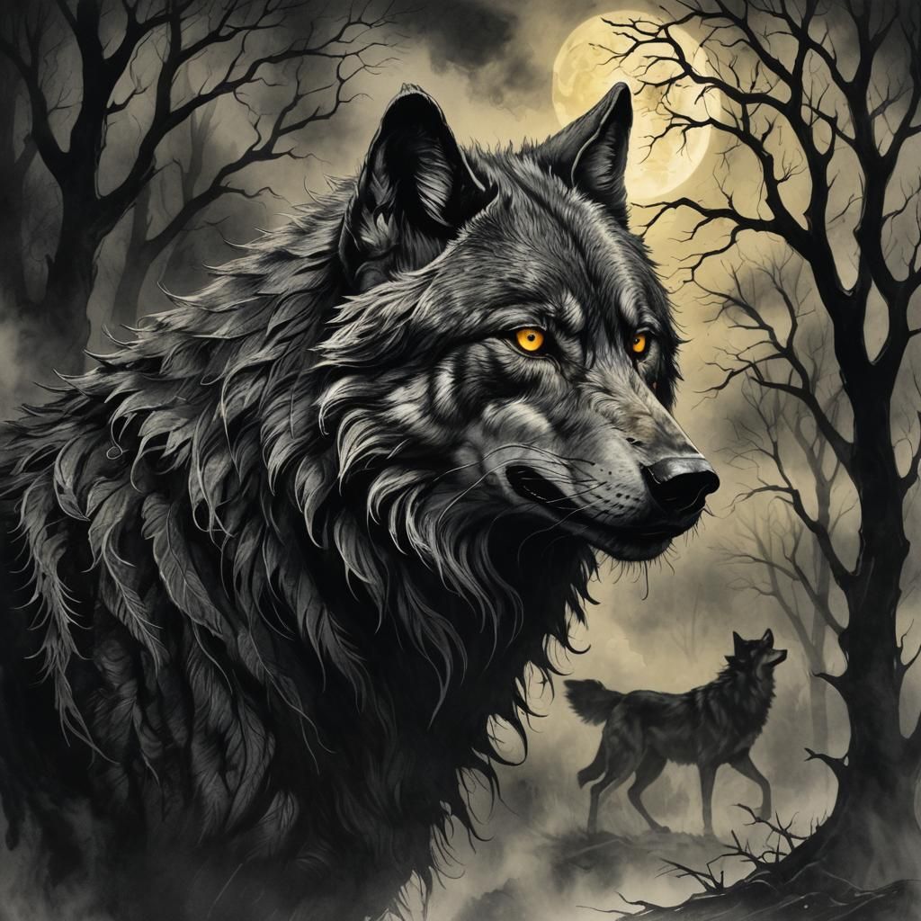 Shadow Wolf in Dark Fantasy Charcoal Sketch