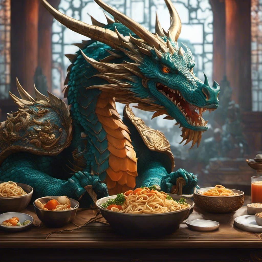 Hyperrealistic Dragon Eating Ramen, Splash Art