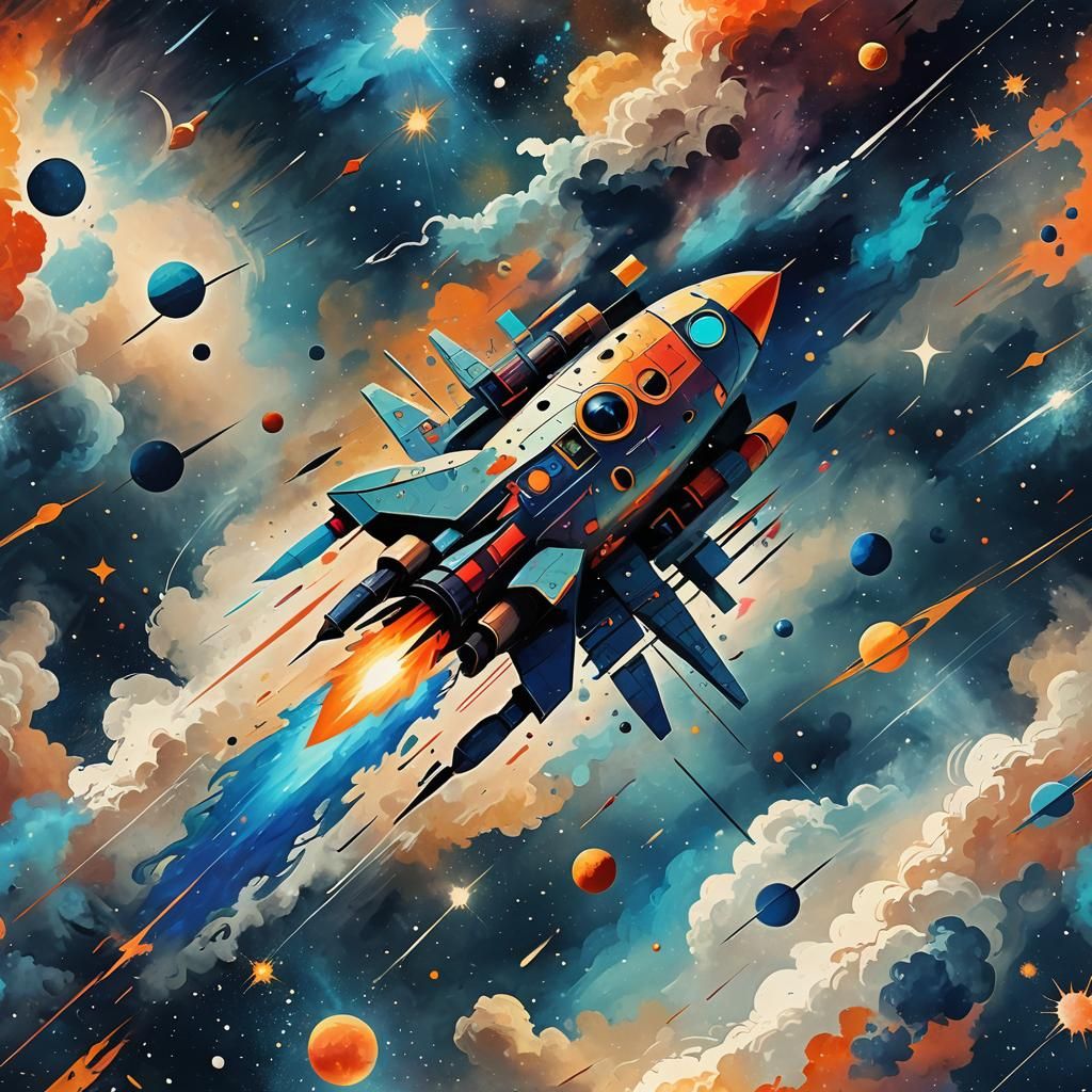 Abstract Rocketship Hurtles Through Nebula in Kandinsky Styl...