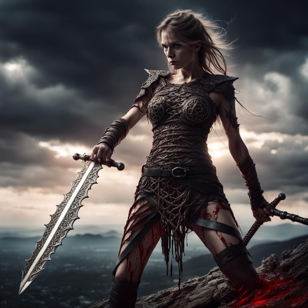 Triumphant Female Warrior with Demonic Sword