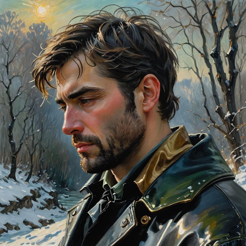 Winter Man in Snowy Landscape, Impressionist Painting