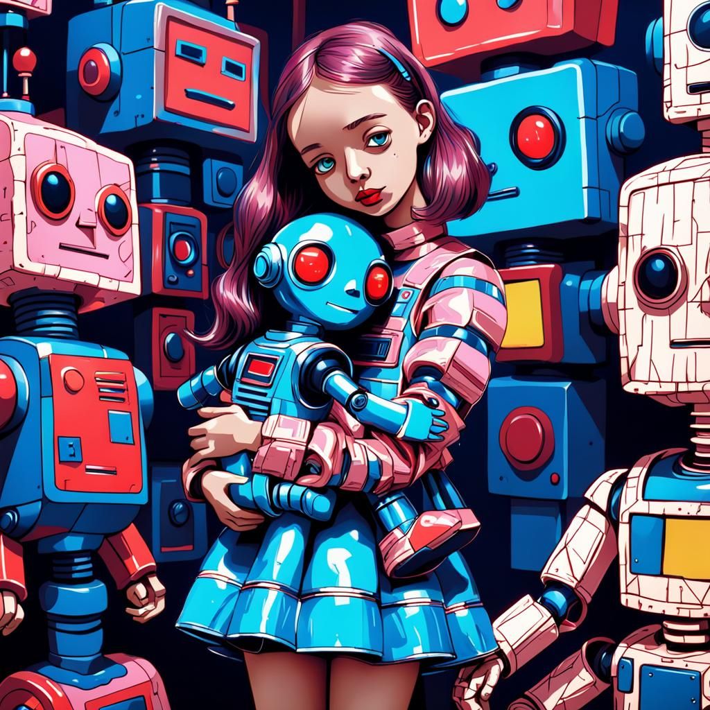 Girl with Robot Doll in Art Brut Style