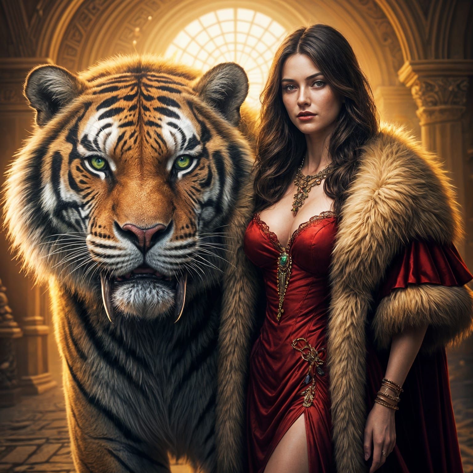 Woman and Sabertooth Tiger Portrait in Hyperdetailed Style