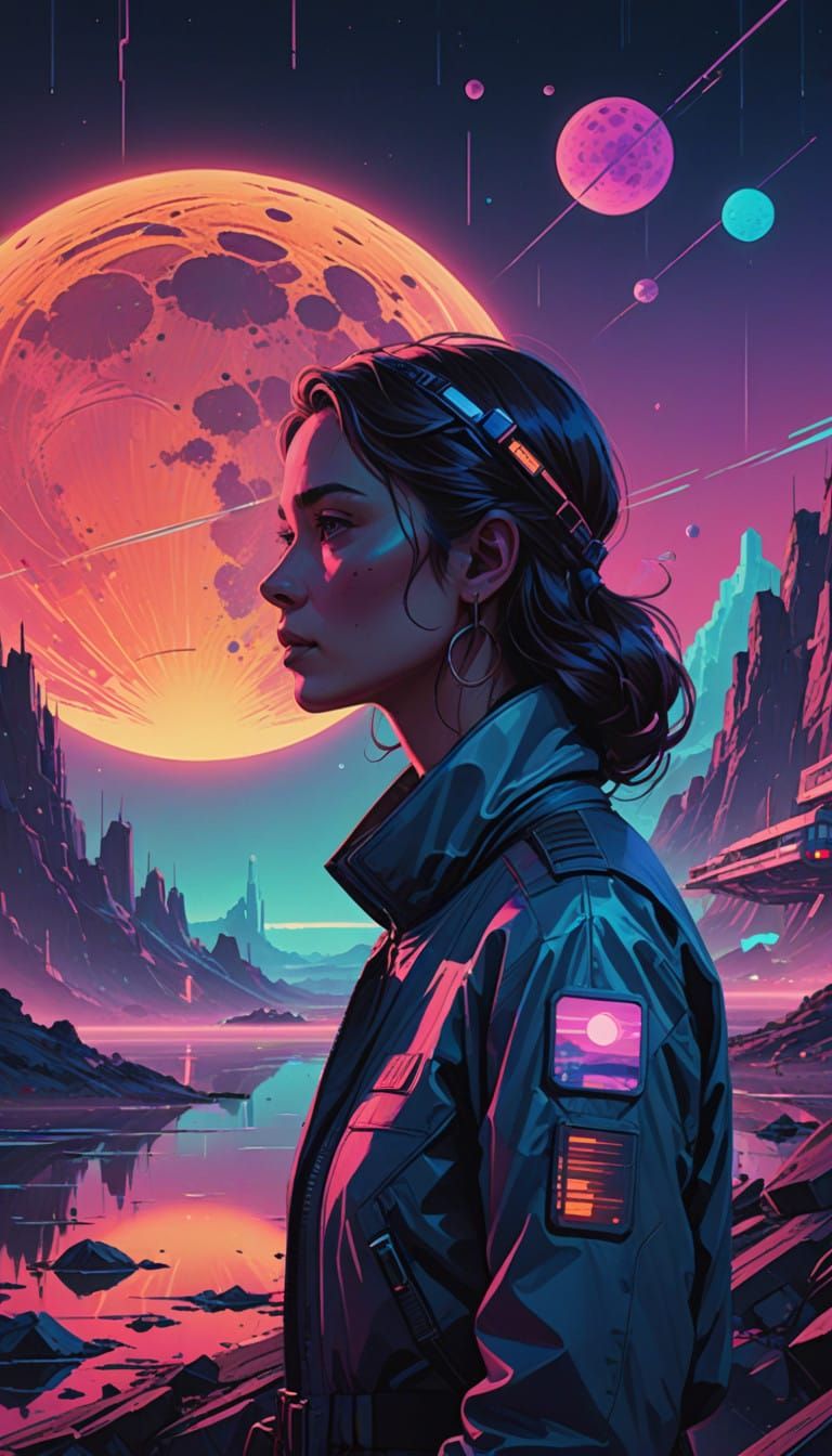 Serene Alien Planet Profile Portrait in Synthwave Aesthetic