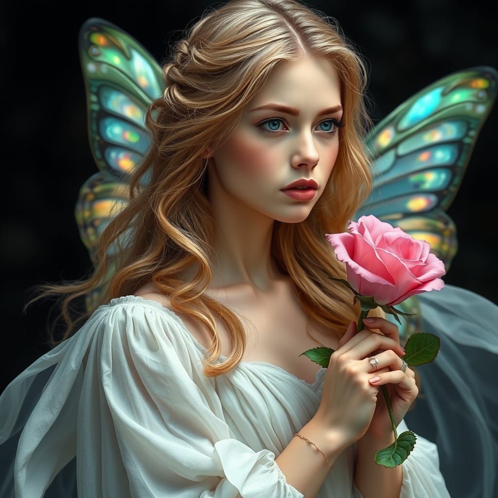 A photo of a young woman with porcelain skin and golden blon...