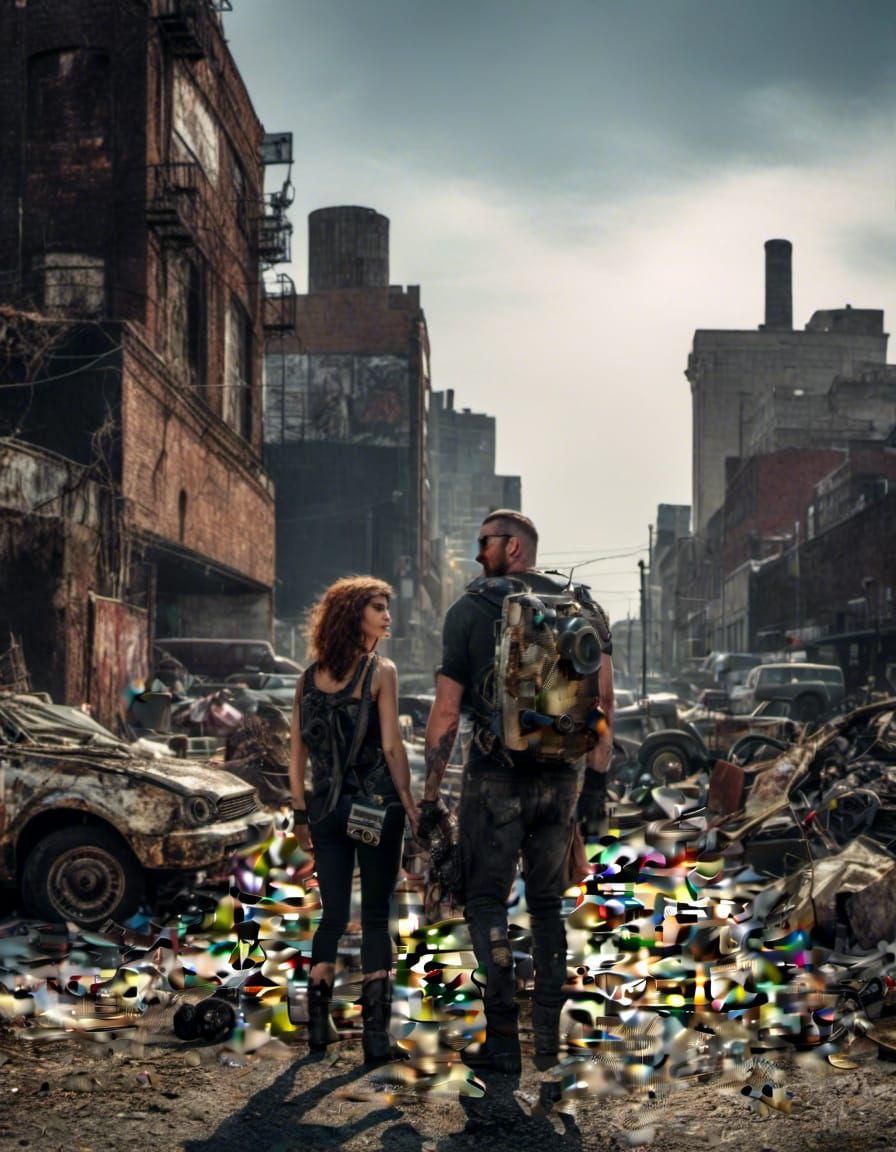Couple dressed in discarded trash and broken machines and scrap. post-apocalyptic futuristic 8K resolution Unreal Engine...
