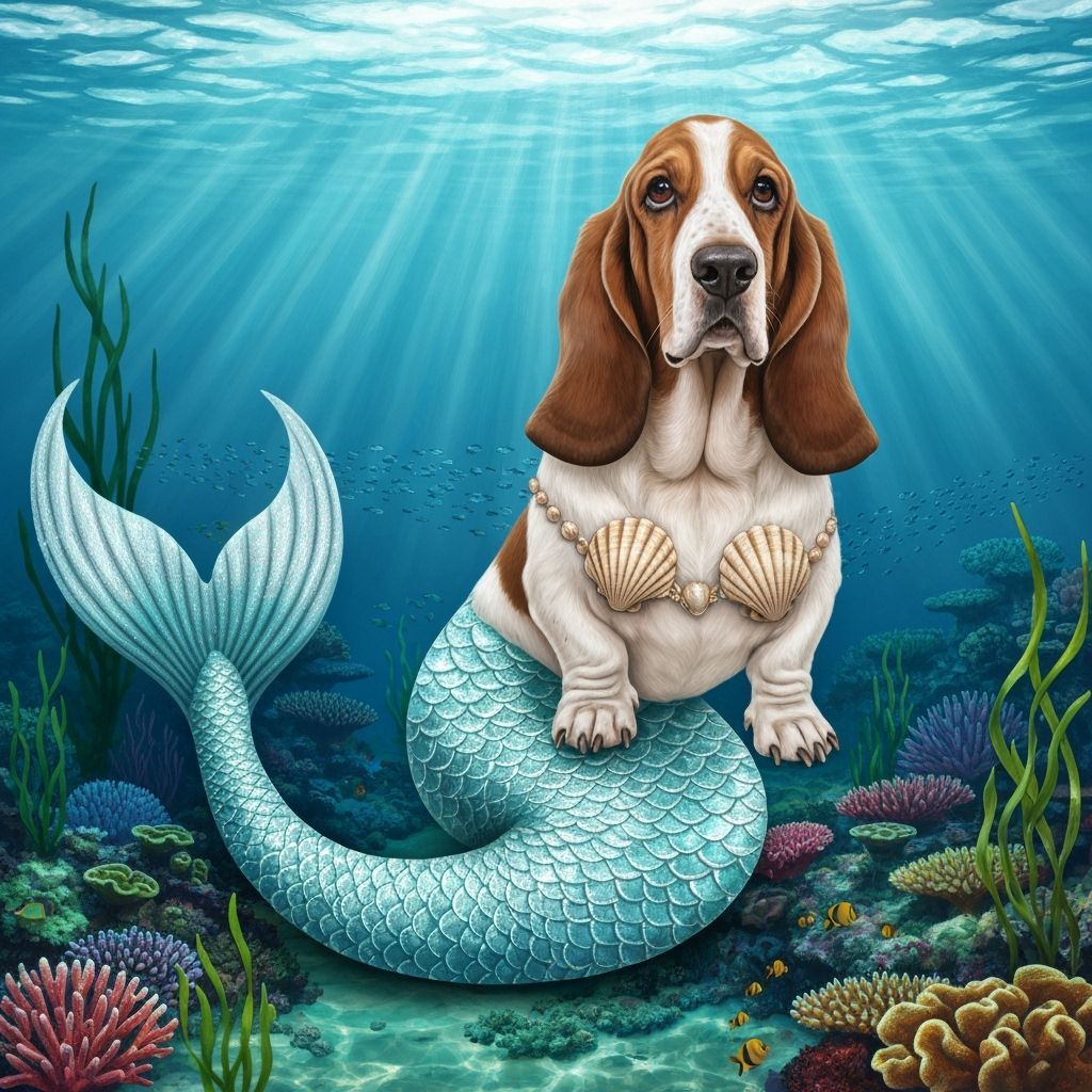 Basset Hound Mermaid in Shimmering Turquoise and Silver