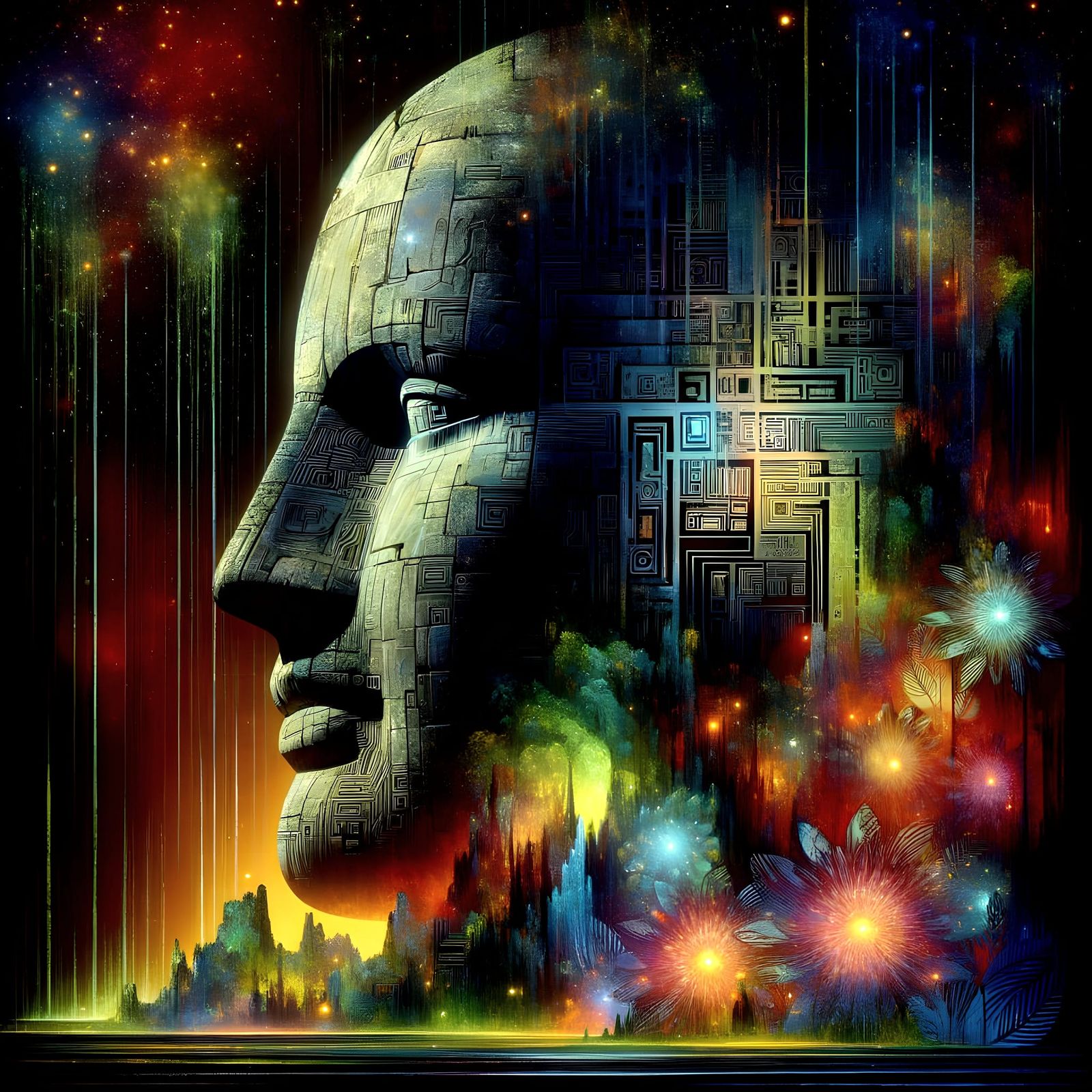 Colossal Ancient Head in Glowing Alien Jungle