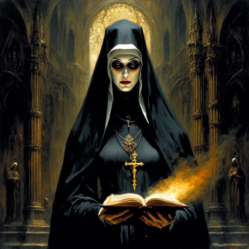 Sinister Nun in Cathedral: Poster Art in Oil Pastels