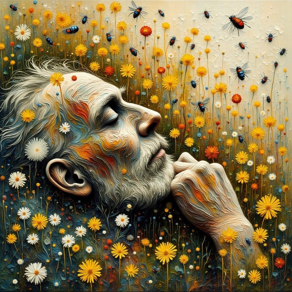 Whimsical Impressionist Scene of an Old Man in a Field of Wi...