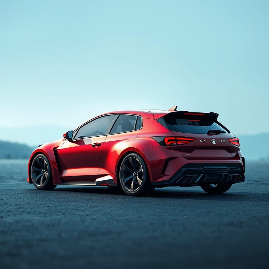Metallic Red Hatchback in a Futuristic, Grunge-Inspired Land...