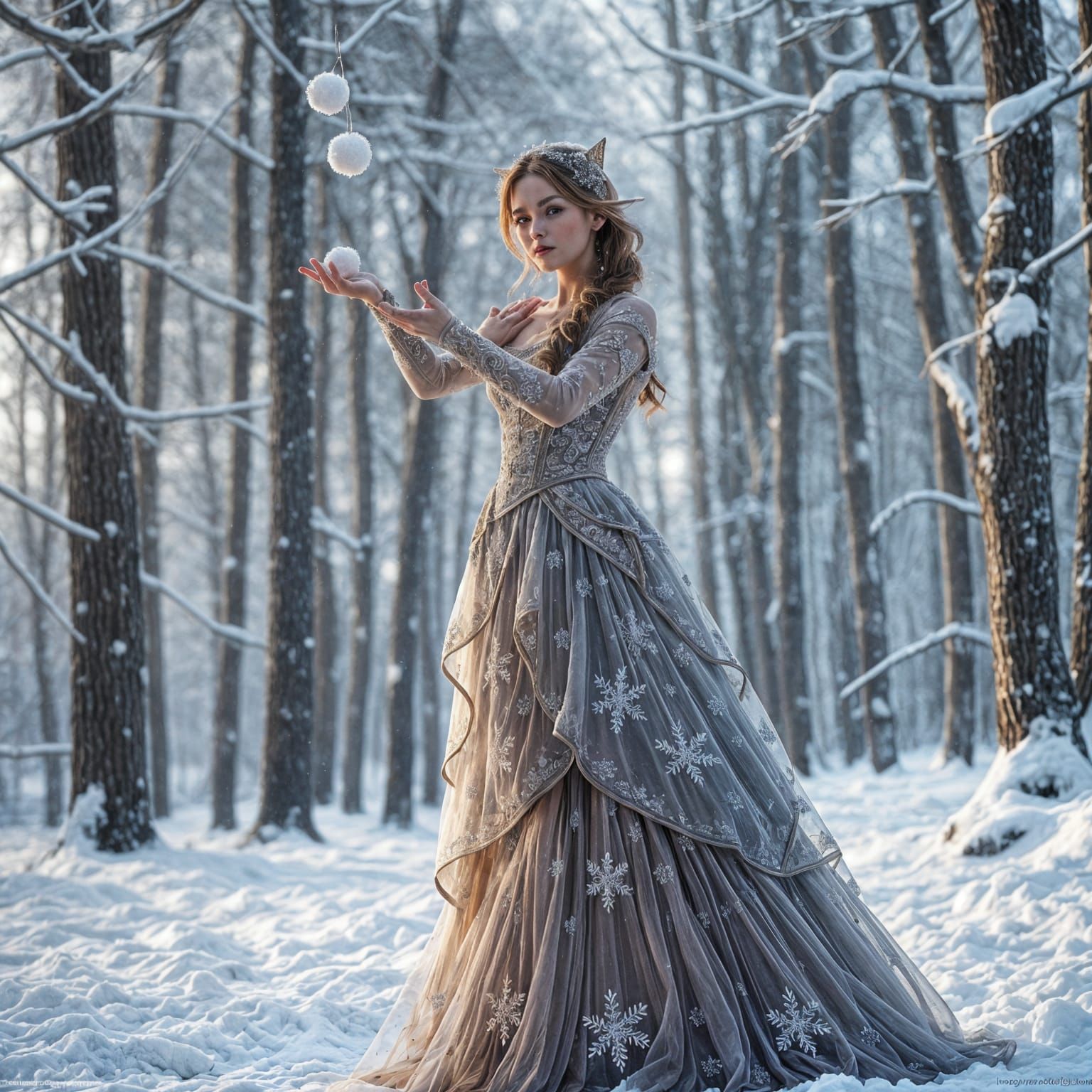 Ethereal Elf Maiden Engages in Whimsical Snowball Battle