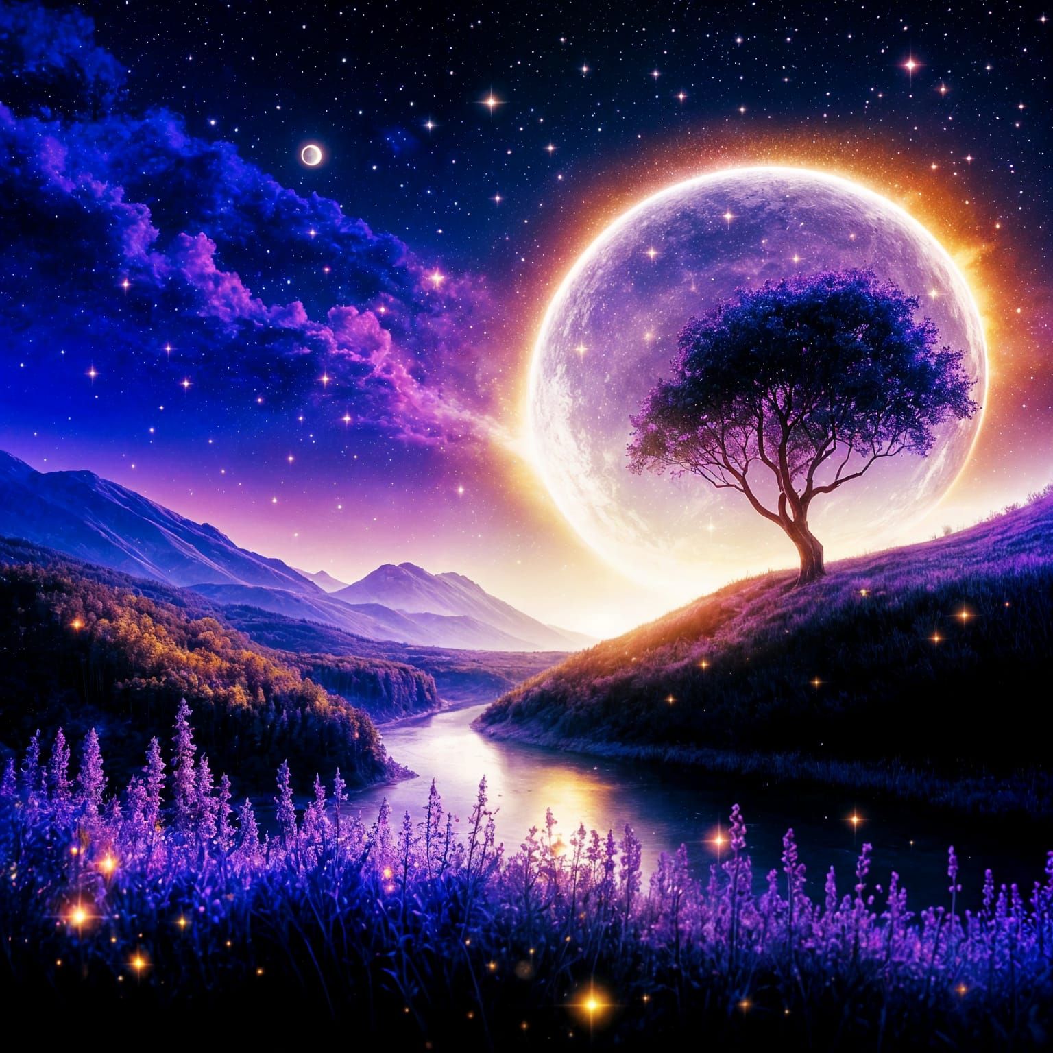 Ethereal Night Landscape with Golden Moon and Nebula Clouds