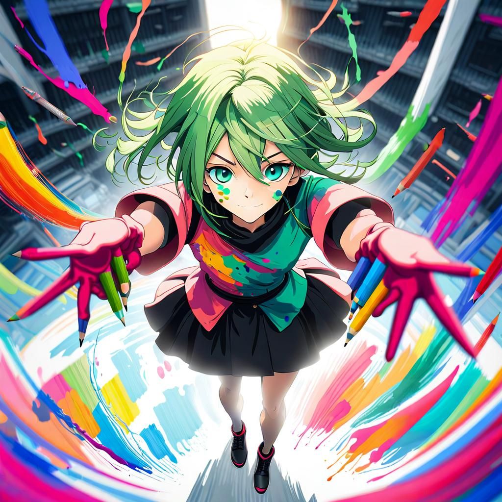 Girl with Pencils Drawing Colorful Lines