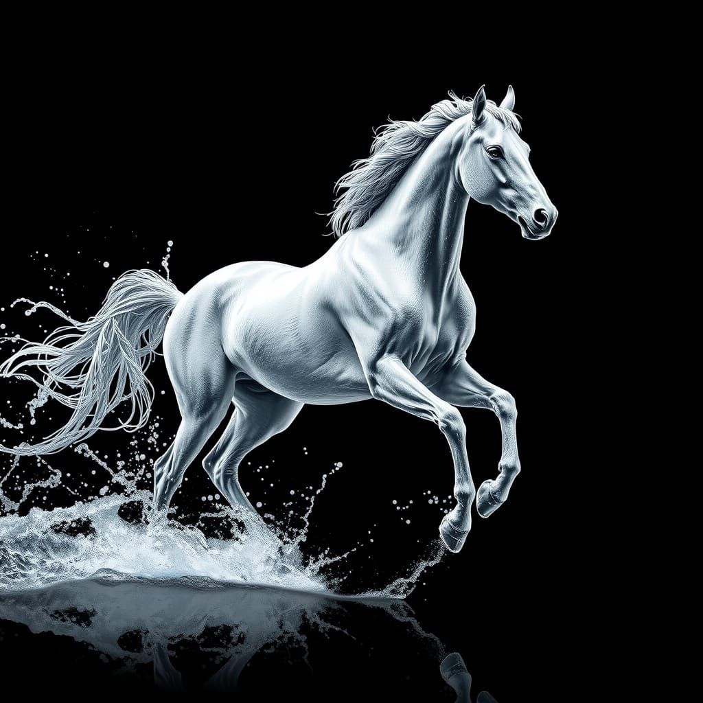 Ethereal Arabian Horse Formed from Flowing Water in Mid-Gall...