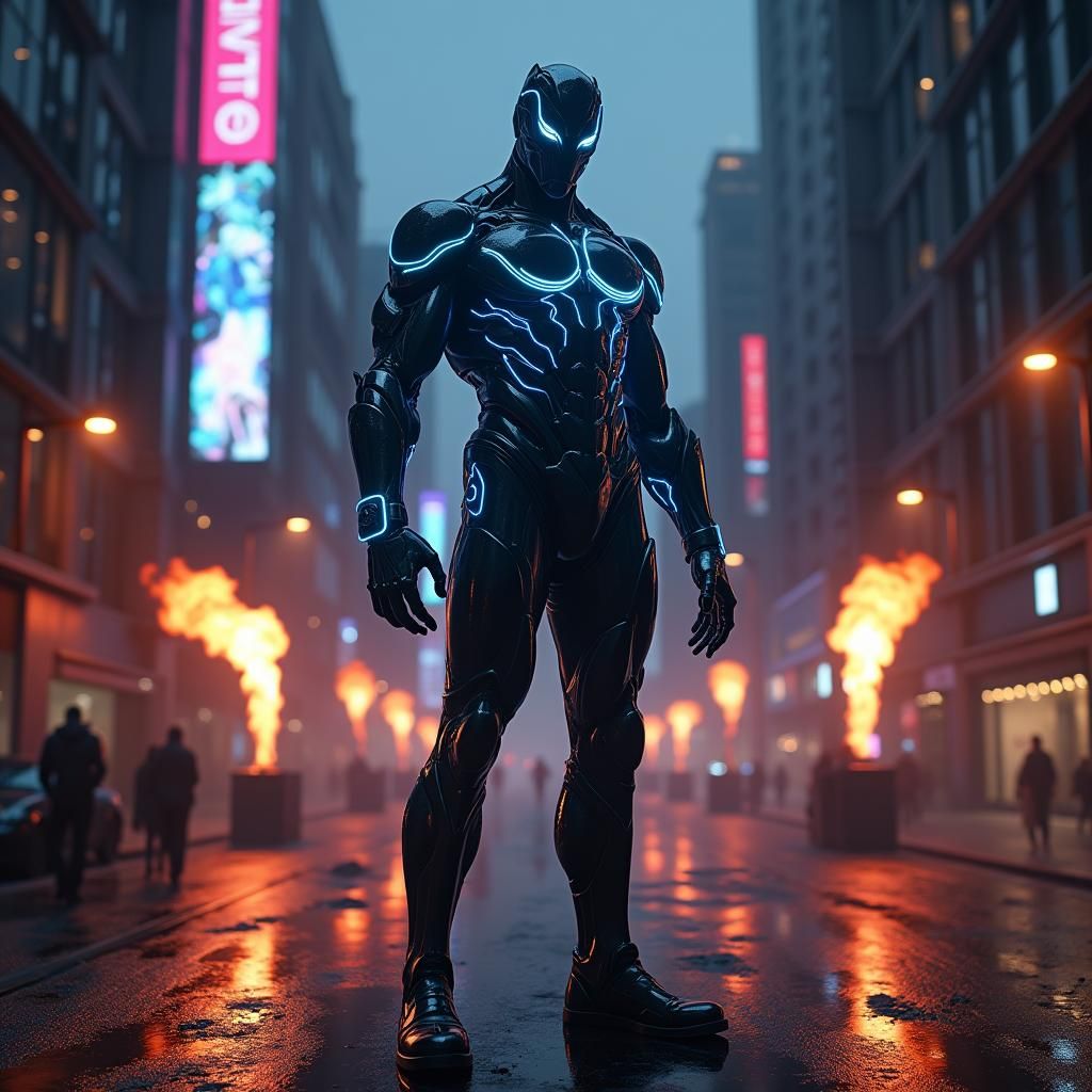 Neon Super Villain in Dystopian Cyberpunk Cityscape