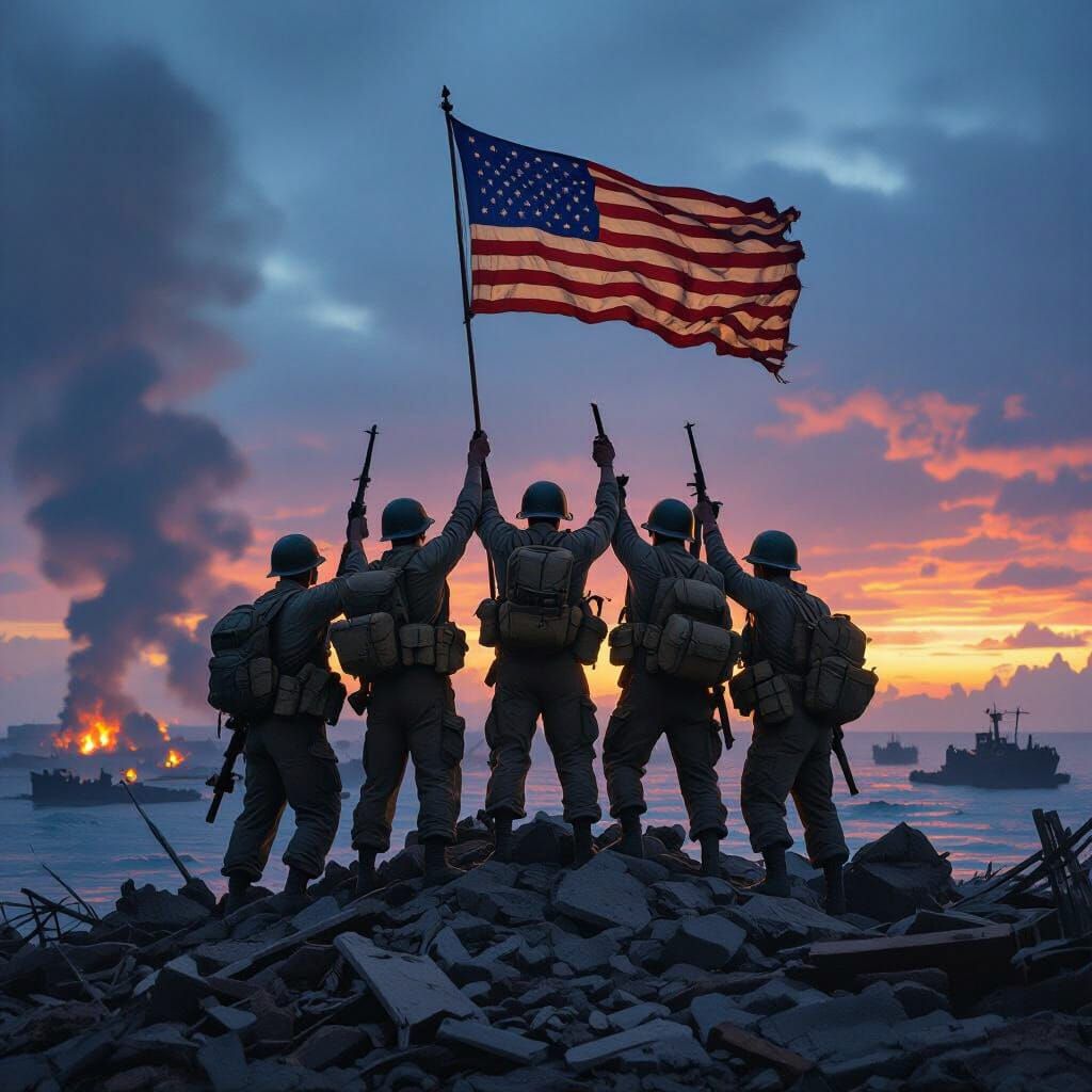 WWII Soldiers Raise Flag on Pacific Island