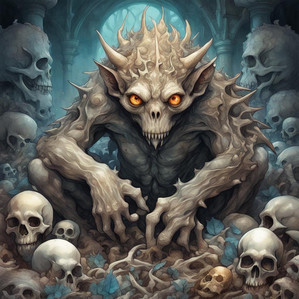 Monster on Skull Pile in Watercolor Style